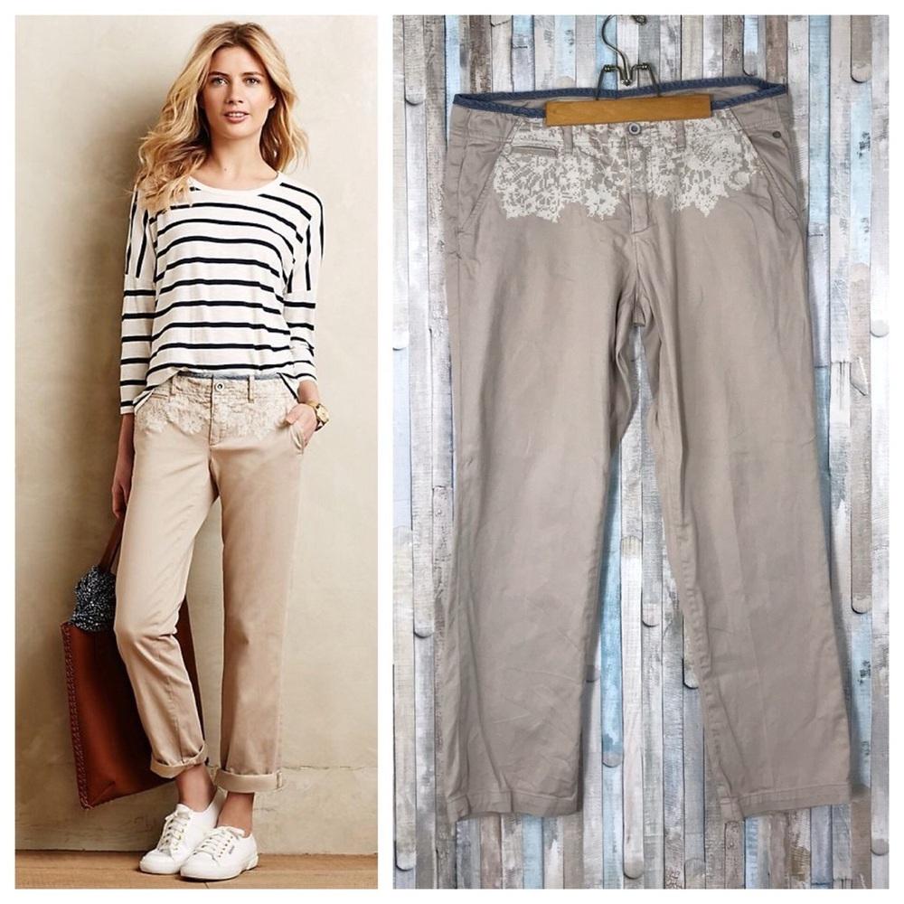 ANTHROPOLOGIE Pilcro- Embroidered Straight Leg Khaki Pants‎